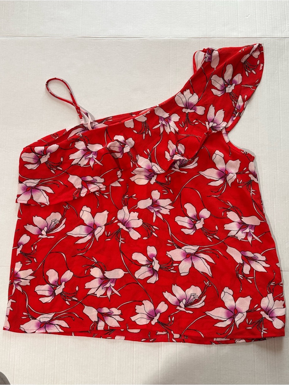 Monteau One-Shoulder Red Floral Tank Top with Pink Accents